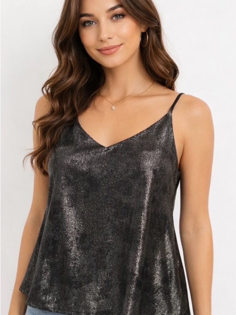 On 34th Metallic Black Sparkle V-Neck Cami Top, Sz XL, New with Tag
